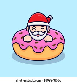 Cute Santa Claus Inside Donuts Mascot Cartoon Vector Illustration. 