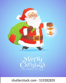 Cute Santa Claus isolated on background with and a sack of presents for a merry Christmas and Happy New Year postcards and invitations