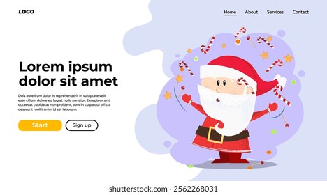 Cute Santa Claus juggling with sweets. Christmas show and sweets concept. Vector illustration can be used for banner design or landing page