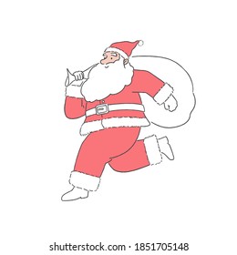 Cute Santa Claus jumping and running to delivery christmas gifts  with white background, hand-drawn line art style vector illustration.