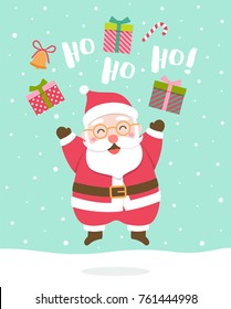 Cute santa claus jumping and throwing the gift boxes