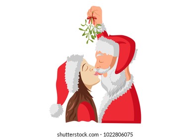 Cute Santa Claus kissing a woman. Vector Illustration. Isolated on white background.