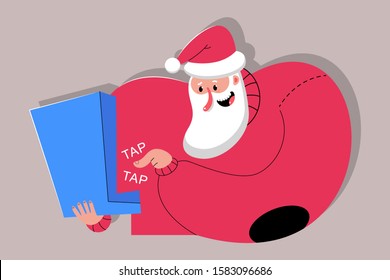 Cute Santa Claus with laptop vector cartoon character isolated on background.