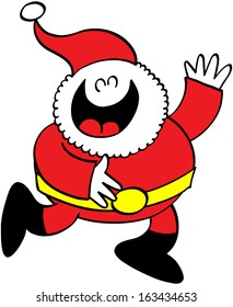 Cute Santa Claus laughing animatedly and raising his left arm to say hello
