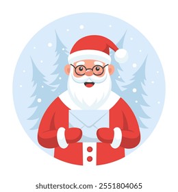 Cute Santa Claus with a letter in his hands on the background of a winter landscape. Christmas illustration in a flat style.