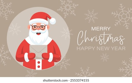 Cute Santa Claus with a letter in his hand on a background of snowflakes. Christmas and New Year greeting card. Flat style illustration.