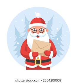 Cute Santa Claus with a letter in his hands on the background of a winter landscape. Christmas illustration in a flat style.