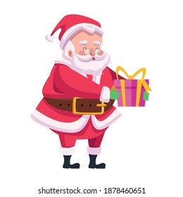 cute santa claus lifting gift character vector illustration design