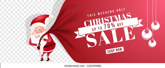 Cute santa claus lifting a heavy sack, weekend sale banner design with 70% discount offer for Merry Christmas celebration. Website header or poster with space for your product image.