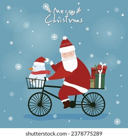 A cute Santa Claus with little snowman in the basket, riding a bicycle over snowflake and soft blue background for gift delivery. Vector illustration for Merry Christmas concept