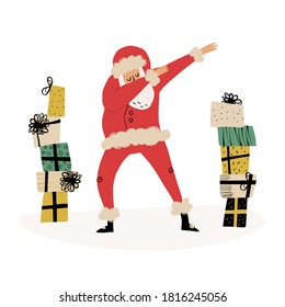 Cute Santa Claus making dab dance and enjoying a lot of presents in various gift boxes with bows and ribbons, which he brought. Hand-drawn vector isolated illustration.