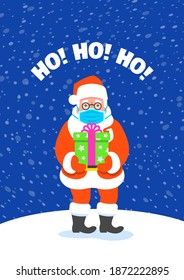 Cute Santa Claus in medical mask standing on snow and holding a present in gift box. Cartoon vector illustration. Coronavirus prevention. Snowy Christmas Eve night. Funny Christmas greeting card