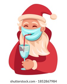 Cute santa claus in a medical protective face mask drinks from a glass through a straw