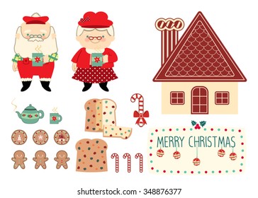 Cute Santa Claus and Mrs. Claus with Christmas cookies and Christmas decorations on isolated background