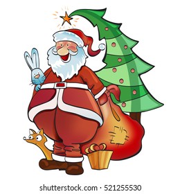 Cute Santa Claus near the Christmas tree with the forest animals isolated on background With a bag of gifts for Christmas and happy New Year cards and invitations