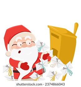 Cute Santa Claus near mailbox receiving a lot of letters. Mail to Dear Santa. Christmas, New Year coloured vector illustration. Collection of Santa in cartoon style. Humour