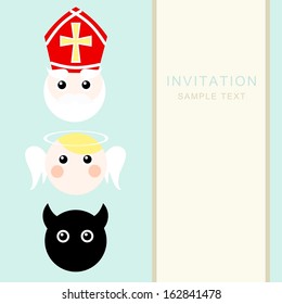 Cute santa Claus, Nikolaus with devil and angel, christmas invitation card, vector illustration, winter background