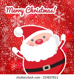 Cute Santa Claus om red christmas background with lights and snowflakes. Christmas card