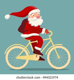 Cute Santa Claus on bicycle with backpack. Trendy hipster santa. Template for christmas cards, posters.