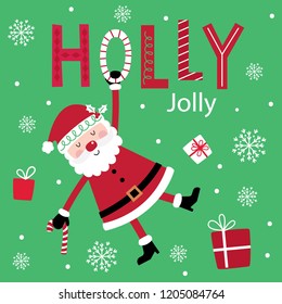 Cute Santa Claus on decorative text holly jolly design with red and green color