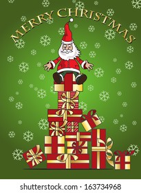 Cute Santa Claus on hill of christmas gifts. 