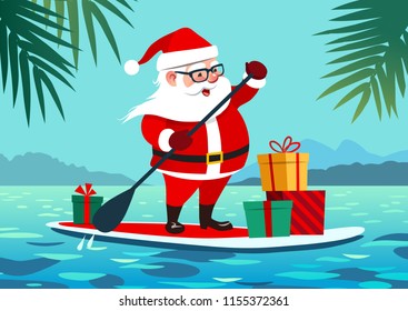 Cute Santa Claus en el tablero de remo con regalos contra el fondo tropical océano vectorial ilustración. Navidad en julio, verano, vacaciones, resort, tema del clima cálido para carteles, tarjetas de felicitación. 