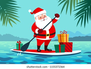 Cute Santa Claus on paddle board with gifts against tropical ocean background vector cartoon illustration. Christmas in July, summer, vacation, resort, warm climate theme for posters, greeting cards. 