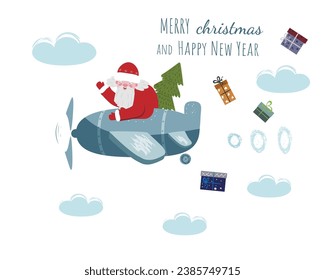 Cute Santa Claus on the plane. Santa claus is carrying gifts for children. Merry Christmas.