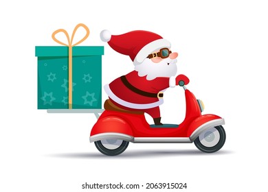 El Santa Claus lindo en una moto lleva una gran caja de regalo atada con una cinta. Cartel de Navidad, tarjeta de felicitación. Ilustración vectorial aislada en estilo de dibujos animados.