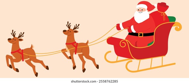 Cute Santa Claus is on sleigh with a sack and was pulling by 2 reindeer