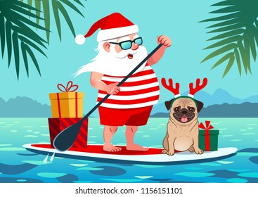 Cute Santa Claus On Stand Up Paddle Board With Pug Dog And Gifts Against Tropical Ocean Background Vector Cartoon Illustration. Christmas In July, Pets, Summer, Vacation, Resort, Warm Climate Theme 