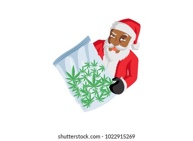 Cute Santa Claus with a packet of weed leaves. Vector Illustration. Isolated on white background.