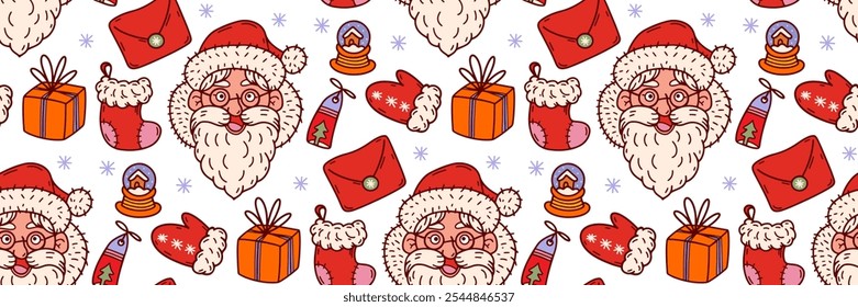 Cute Santa Claus pattern. Hand drawn doodle Christmas background. Gift sock, an envelope, mittens and winter glass ball. Festive winter color vector. For wallpaper or fabric, packaging, brand.