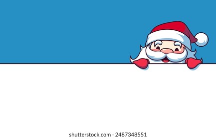 Cute Santa Claus peeking of blank sign, board, card or letter. Merry Christmas and Happy New Year. Cute cartoon vector illustration. Template for banner, greeting card or letter with copy space