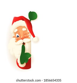 Cute Santa Claus peeking on left side of board, saying hush be quiet with finger on lips shhh gesture - vector illustration isolated on transparent background