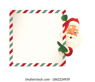 Cute Santa Claus peeking on right side of letter and shows on the board - vintage vector illustration