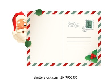 Cute Santa Claus mirando a la izquierda de la postal - plantilla de ilustración vintage de Navidad