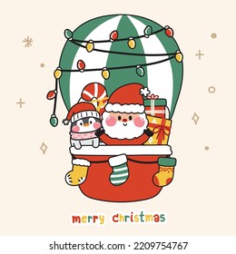 Cute santa claus with penguin in balloon.Animal character cartoon design.Merry christmas text.Winter season.Kawaii.Vector.Illustration.
