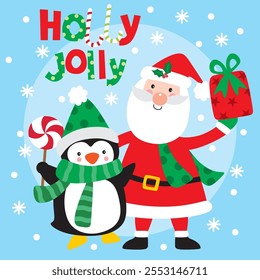 Cute Santa Claus and Penguin For Christmas Card or Bag design
