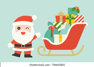 cute Santa Claus with pile of gift boxes on Christmas sleigh, flat design vector