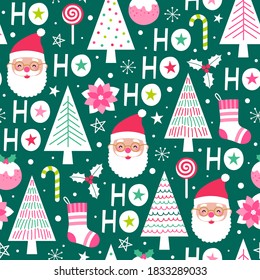 Cute santa claus, pine trees, christmas elements and word "HO HO HO" seamless pattern on green background.