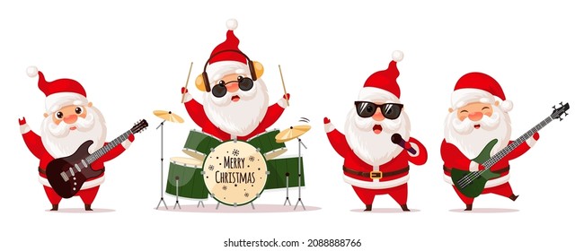 Cute Santa Claus playing electric guitar, drums and singing, rock band. Vector illustration isolated on white background