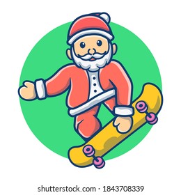 Cute Santa Claus Playing Skateboard Vector Illustration. Merry Christmas Mascot Logo Concept. Flat Cartoon Style Suitable for Sticker, Wallpaper, Icon, etc.