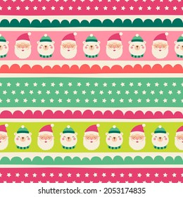 Cute santa claus and polar bear seamless pattern with striped background design for christmas and new year holidays.