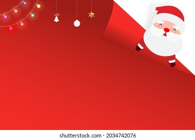Cute Santa Claus pop de la parte trasera del rollo rojo para decoraciones navideñas y Año Nuevo vector de ilustración plana.