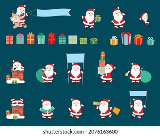 Cute Santa Claus Poses Big Set with Banners, Christmas Sale, Presents Design Elements Flat Vector Illustration