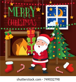 Cute Santa Claus Preparing To Give Present In A Warm Evening Merry Christmas And Happy New Year Paper Art Card Illustration