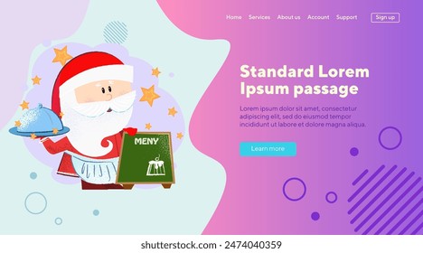 Cute Santa Claus presenting restaurant menu. New year dinner concept. Vector illustration can be used for festive poster, website design, landing page