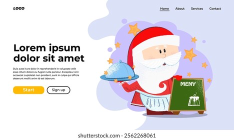 Cute Santa Claus presenting restaurant menu. New year dinner concept. Vector illustration can be used for landing page design