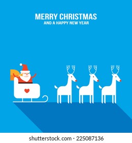 Cute Santa Claus with presents, sledge and deers. New Year, Holiday greeting card, banner design template. Vector illustration